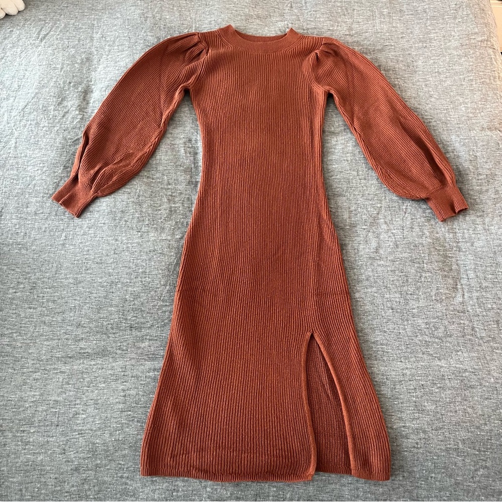 Abercrombie & Fitch Rust Ribbed Midi Sweater Dress with Balloon Sleeves